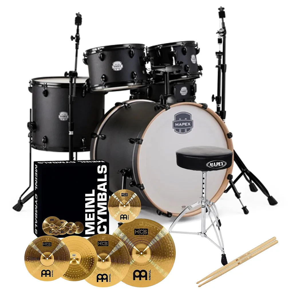 Mapex Storm Textured Black w/Blk HW   Hardware, Stool & Meinl HCSCymbals