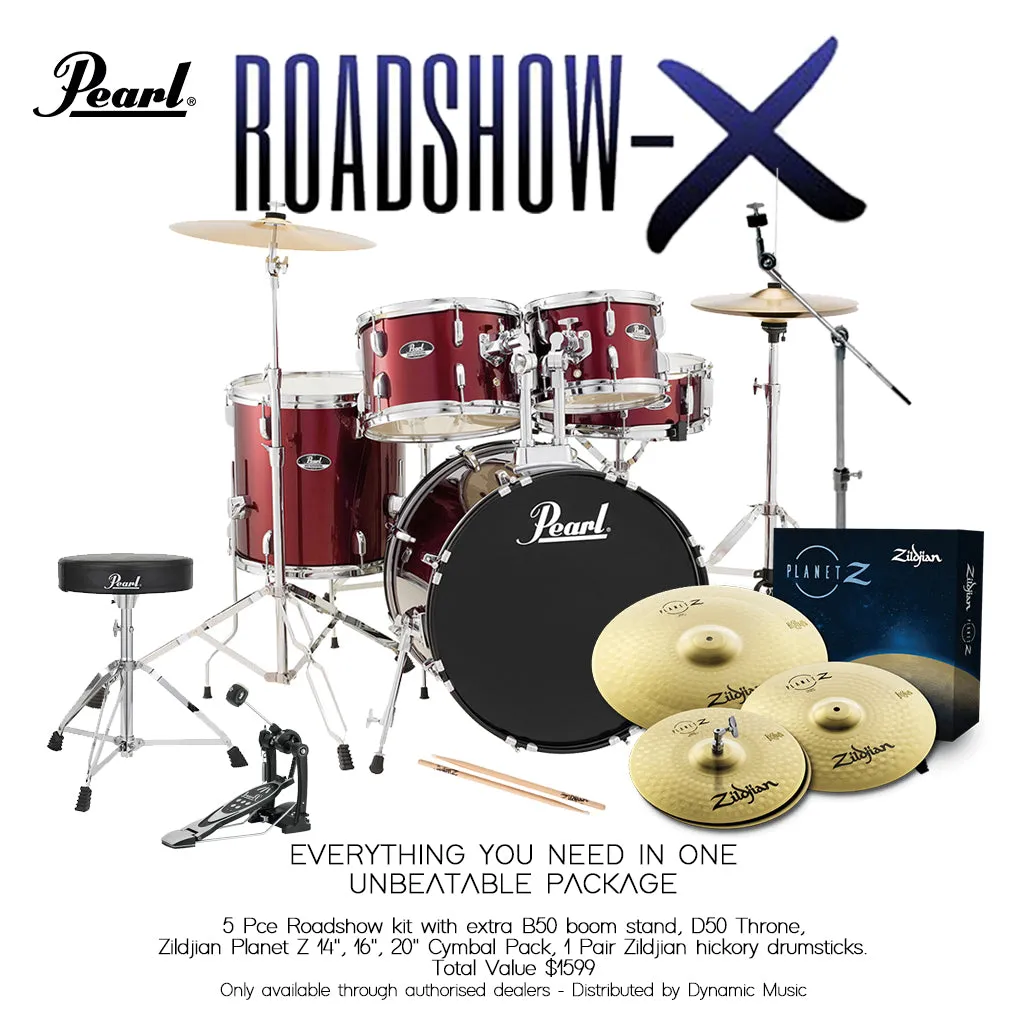 Pearl Roadshow X 20" 5-Piece Drum Kit Package with Zildjian Cymbals & Hardware - Wine Red