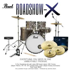 Pearl Roadshow X 22" 5-Piece Drum Kit Package with Zildjian Cymbals & Hardware - Bronze Metallic