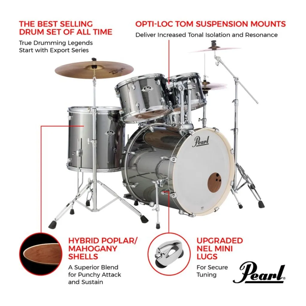 Pearl Export 22" EXX Fusion Plus Drum Kit Package with Zildjian Cymbals & Hardware - Smokey Chrome