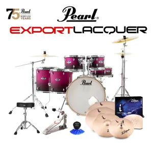 Pearl Export Lacquer EXL 22" Fusion Plus Kit Package with Zildjian Cymbals (I Series) & Hardware (Free 14" Floor Tom) - Raspberry Sunset