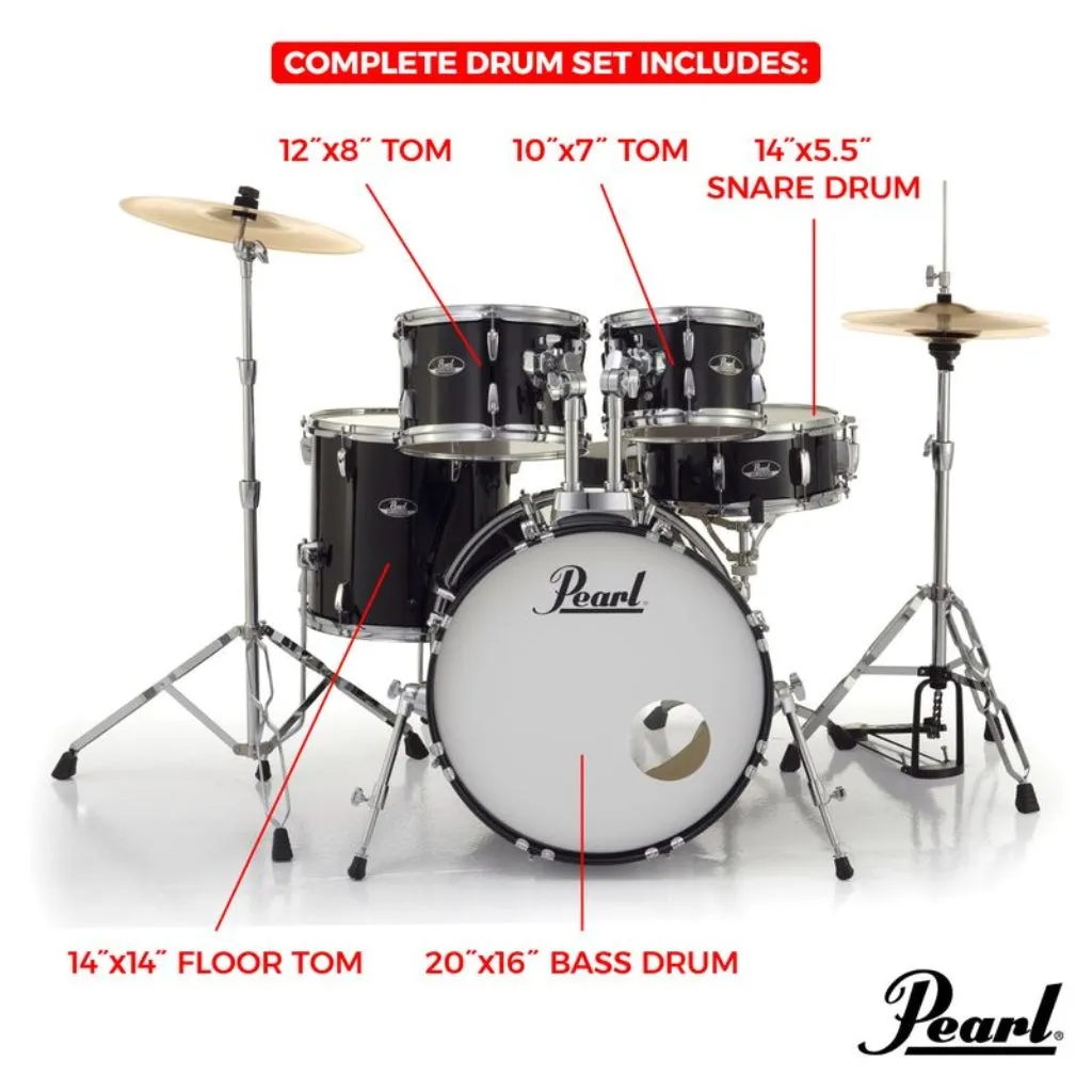 Pearl Roadshow 20" 5-PCS Fusion Drum Kit with Hardware and Cymbals - Jet Black