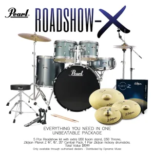 Pearl Roadshow X 20" 5-Piece Drum Kit Package with Zildjian Cymbals & Hardware - Charcoal Metallic