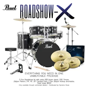 Pearl Roadshow X 20" 5-Piece Drum Kit Package with Zildjian Cymbals & Hardware - Jet Black
