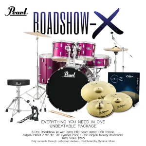 Pearl Roadshow X 20" 5-Piece Drum Kit Package with Zildjian Cymbals & Hardware - Pink Metallic