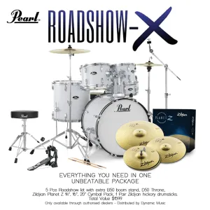 Pearl Roadshow X 20" 5-Piece Drum Kit Package with Zildjian Cymbals & Hardware - Pure White