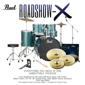 Pearl Roadshow X 22" 5-Piece Drum Kit Package with Zildjian Cymbals & Hardware - Aqua Blue Glitter
