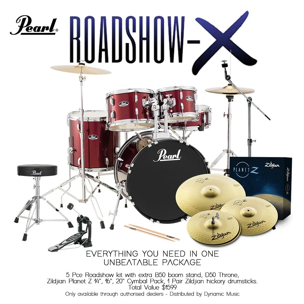 Pearl Roadshow X 22" 5-Piece Drum Kit Package with Zildjian Cymbals & Hardware - Wine Red