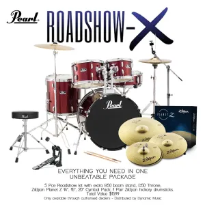 Pearl Roadshow X 22" 5-Piece Drum Kit Package with Zildjian Cymbals & Hardware - Wine Red